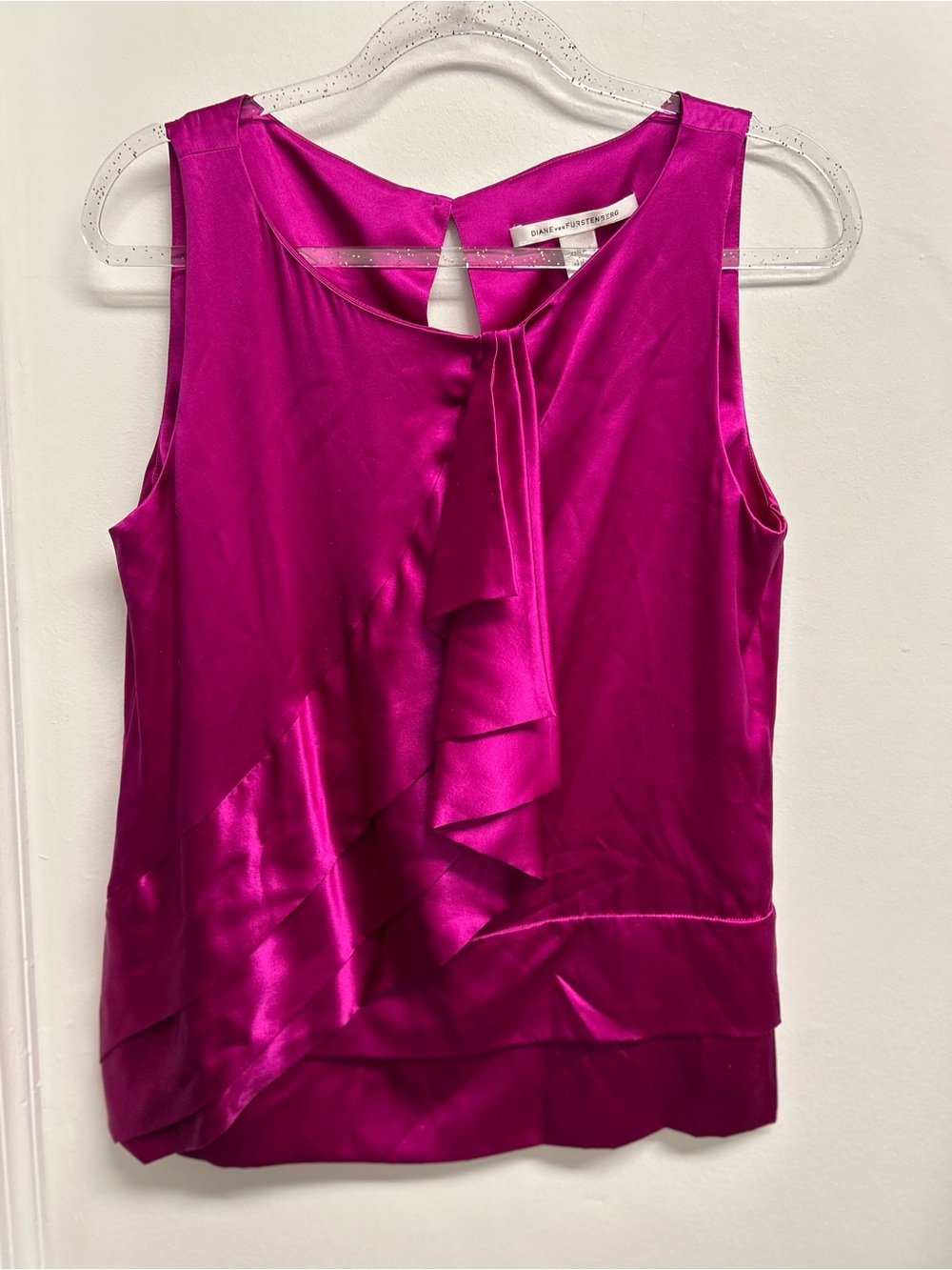 Magenta Satin Ruffle Sleeveless Blouse